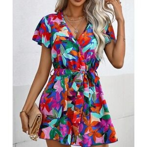 SHEIN Floral Print Romper Womens XL US 12 Multicolor Wrap Tropic Flutter Sleeve